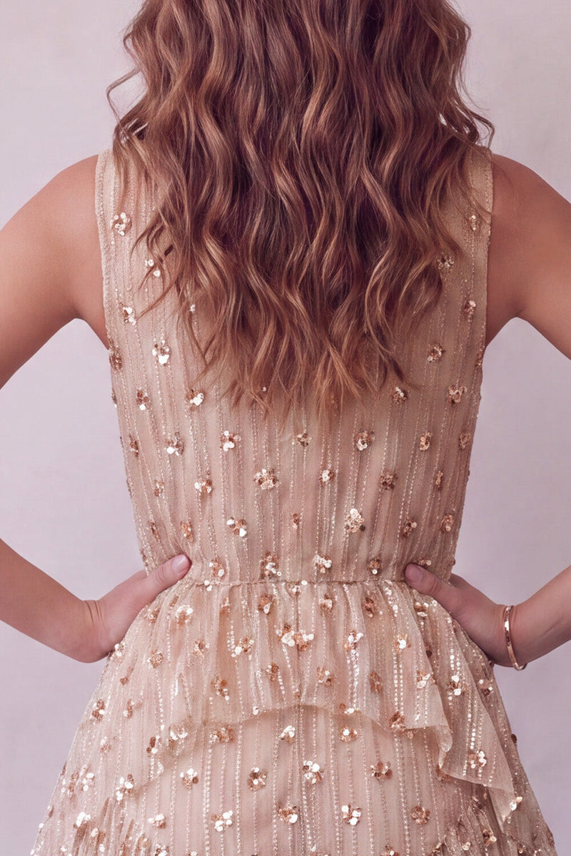 Load image into Gallery viewer, Sparkly Sequin Champagne Ruffled A Line Floral Midi Cocktail Dress