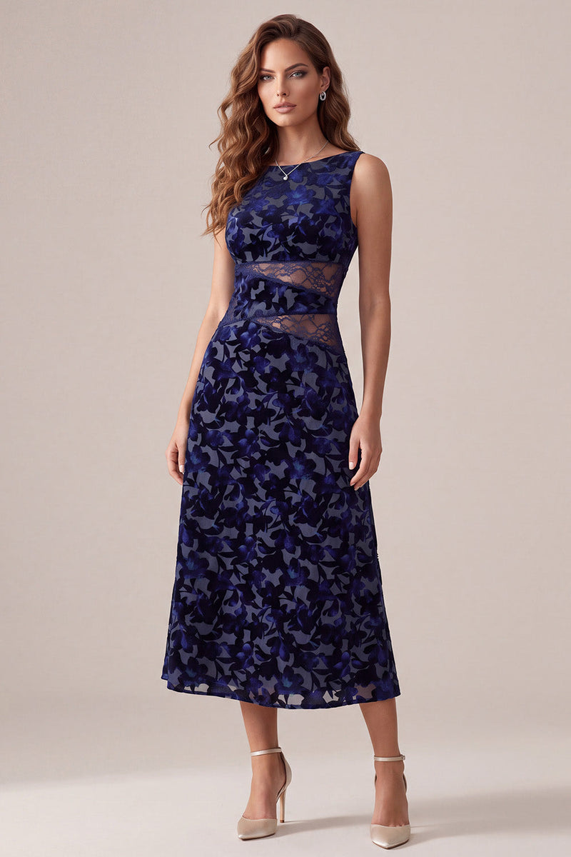 Load image into Gallery viewer, Velvet Navy A Line Floral Boat Neck Midi Cocktail Dress with Lace