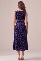 Load image into Gallery viewer, Velvet Navy A Line Floral Boat Neck Midi Cocktail Dress with Lace