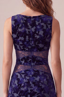 Load image into Gallery viewer, Velvet Navy A Line Floral Boat Neck Midi Cocktail Dress with Lace