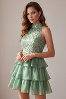 Load image into Gallery viewer, Green A Line Sparkly Tiered Ruffled Short Cocktail Dress with Feathers