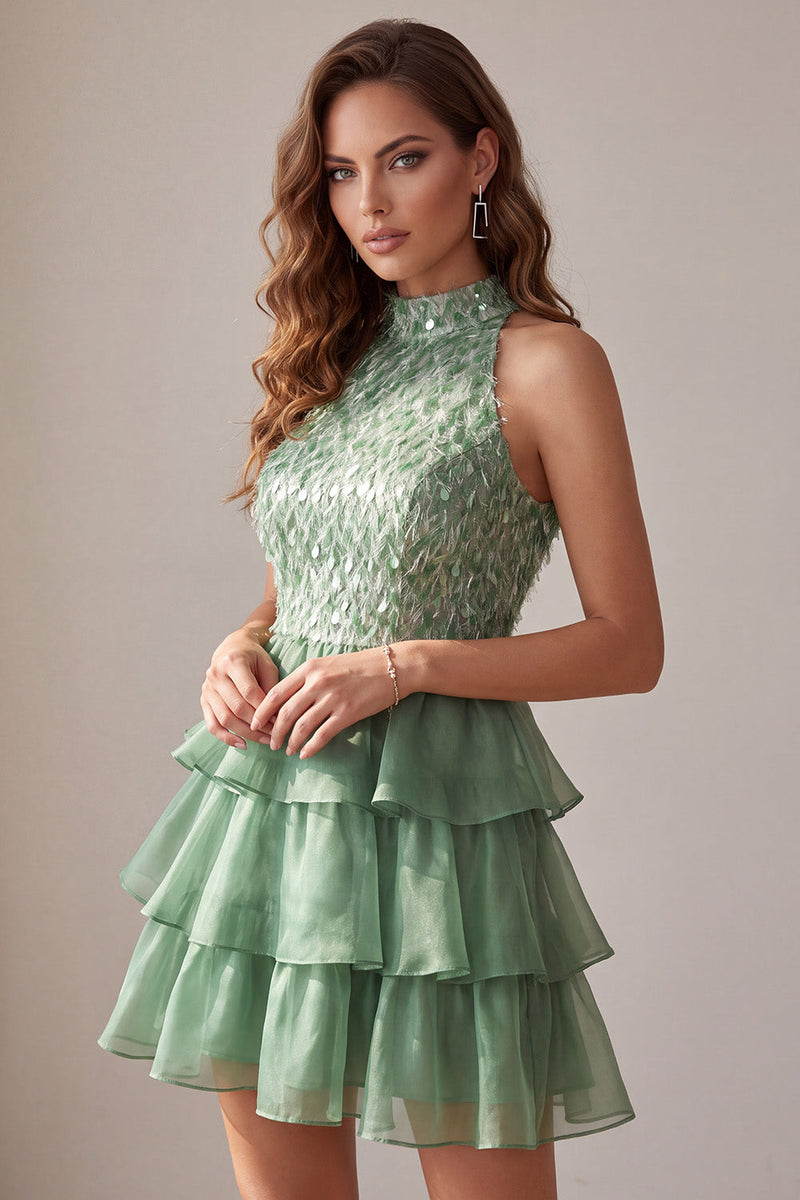 Load image into Gallery viewer, Green A Line Sparkly Tiered Ruffled Short Cocktail Dress with Feathers