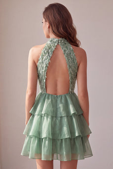 Green A Line Sparkly Tiered Ruffled Short Cocktail Dress with Feathers