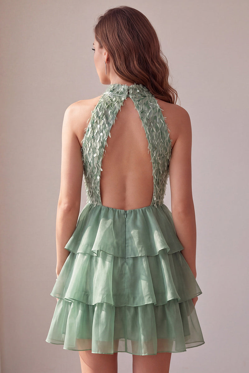 Load image into Gallery viewer, Green A Line Sparkly Tiered Ruffled Short Cocktail Dress with Feathers