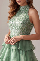 Load image into Gallery viewer, Green A Line Sparkly Tiered Ruffled Short Cocktail Dress with Feathers