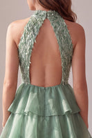Load image into Gallery viewer, Green A Line Sparkly Tiered Ruffled Short Cocktail Dress with Feathers