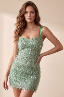 Load image into Gallery viewer, Sparkly Green Tight Sequin Thick Straps Short Cocktail Dress with Feathers