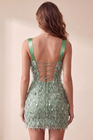 Load image into Gallery viewer, Sparkly Green Tight Sequin Thick Straps Short Cocktail Dress with Feathers