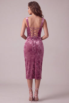 Bodycon Fuchsia Velvet Ruched Midi Cocktail Dress with Slit