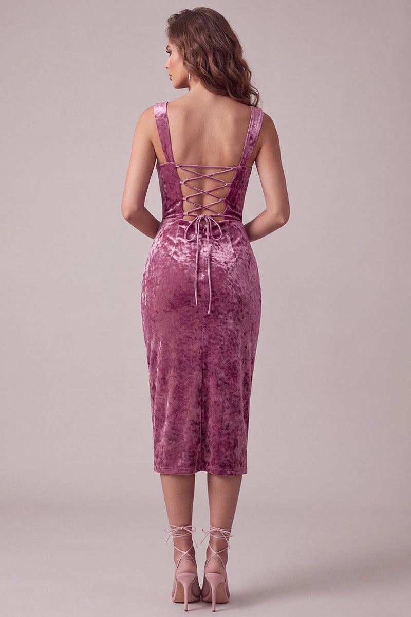 Load image into Gallery viewer, Bodycon Fuchsia Velvet Ruched Midi Cocktail Dress with Slit