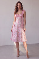 Load image into Gallery viewer, Sparkly Pink A Line Sequin Floral Ruched Flutter Sleeves Midi Cocktail Dress