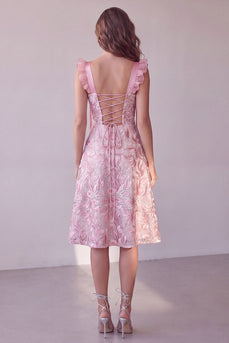 Sparkly Pink A Line Sequin Floral Ruched Flutter Sleeves Midi Cocktail Dress