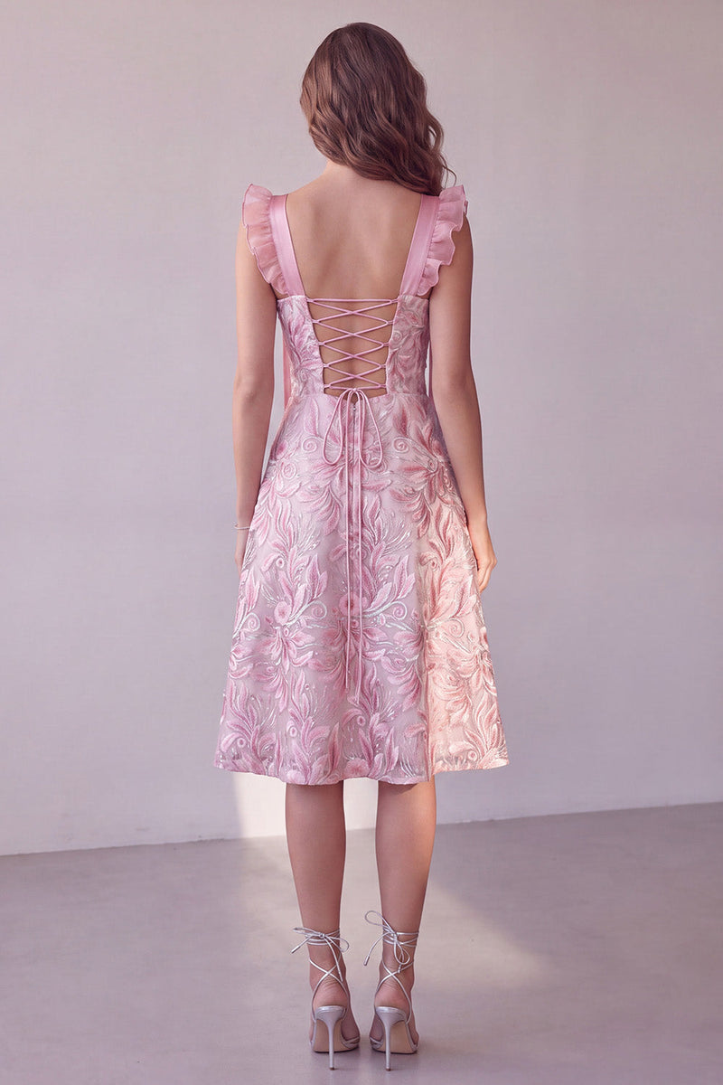 Load image into Gallery viewer, Sparkly Pink A Line Sequin Floral Ruched Flutter Sleeves Midi Cocktail Dress