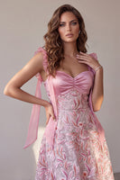 Load image into Gallery viewer, Sparkly Pink A Line Sequin Floral Ruched Flutter Sleeves Midi Cocktail Dress