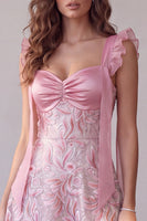 Load image into Gallery viewer, Sparkly Pink A Line Sequin Floral Ruched Flutter Sleeves Midi Cocktail Dress