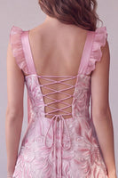 Load image into Gallery viewer, Sparkly Pink A Line Sequin Floral Ruched Flutter Sleeves Midi Cocktail Dress