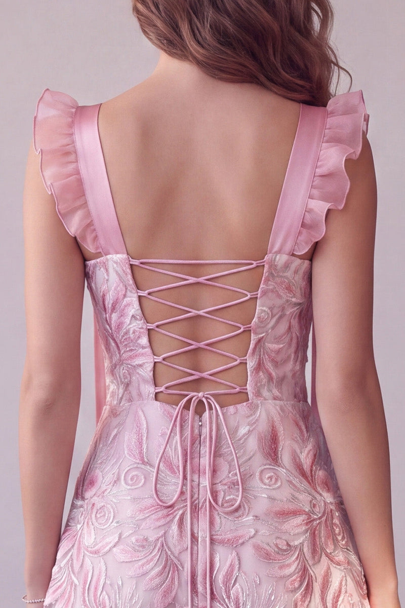 Load image into Gallery viewer, Sparkly Pink A Line Sequin Floral Ruched Flutter Sleeves Midi Cocktail Dress