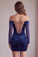Load image into Gallery viewer, Velvet Navy Tight Floral Ruched Off the Shoulder Short Cocktail Dress