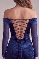 Load image into Gallery viewer, Velvet Navy Tight Floral Ruched Off the Shoulder Short Cocktail Dress