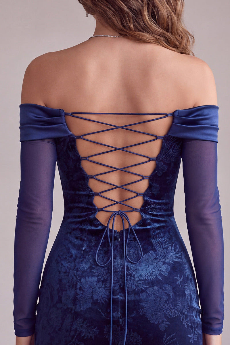 Load image into Gallery viewer, Velvet Navy Tight Floral Ruched Off the Shoulder Short Cocktail Dress