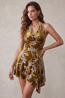 Load image into Gallery viewer, Floral Mustard Gold Velvet A Line Halter Asymmetrical Cocktail Dress
