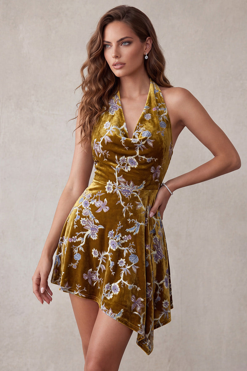 Load image into Gallery viewer, Floral Mustard Gold Velvet A Line Halter Asymmetrical Cocktail Dress