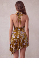 Load image into Gallery viewer, Floral Mustard Gold Velvet A Line Halter Asymmetrical Cocktail Dress