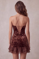 Load image into Gallery viewer, Chocolates Tiered Ruffled Tight Velvet Floral Strapless Short Cocktail Dress