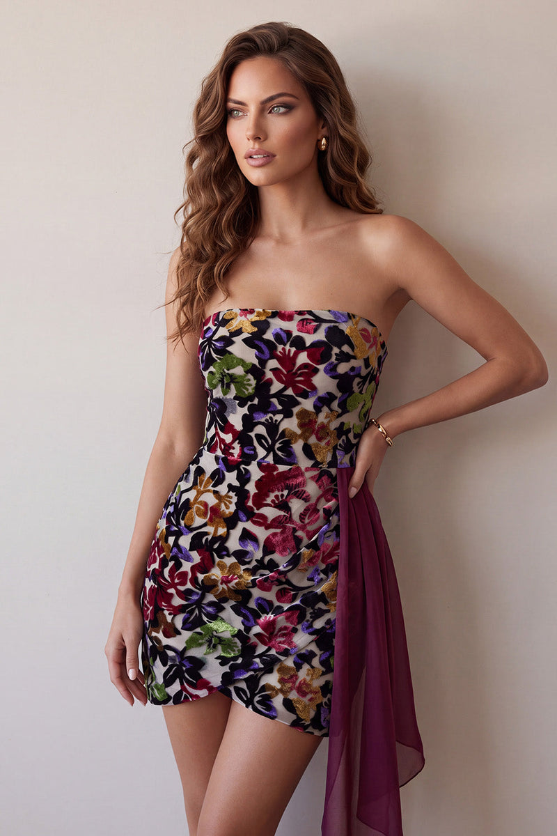 Load image into Gallery viewer, Burgundy Floral Tight Velvet Ruched Strapless Asymmetrical Cocktail Dress with Sash
