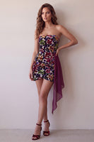 Load image into Gallery viewer, Burgundy Floral Tight Velvet Ruched Strapless Asymmetrical Cocktail Dress with Sash