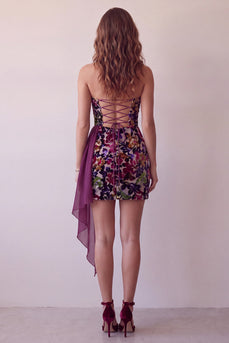 Burgundy Floral Tight Velvet Ruched Strapless Asymmetrical Cocktail Dress with Sash