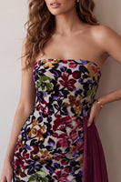 Load image into Gallery viewer, Burgundy Floral Tight Velvet Ruched Strapless Asymmetrical Cocktail Dress with Sash