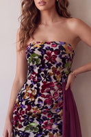Load image into Gallery viewer, Burgundy Floral Tight Velvet Ruched Strapless Asymmetrical Cocktail Dress with Sash