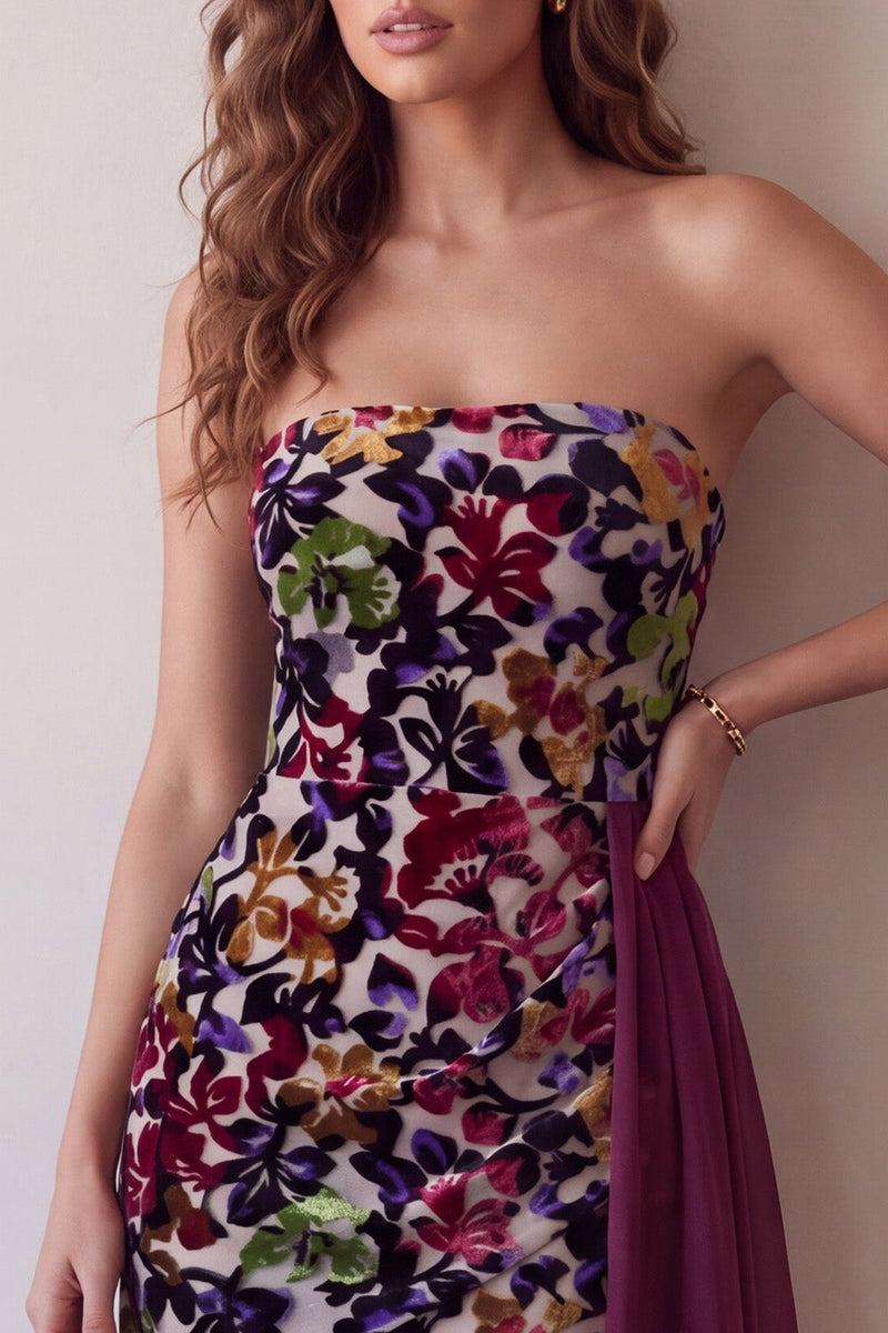 Load image into Gallery viewer, Burgundy Floral Tight Velvet Ruched Strapless Asymmetrical Cocktail Dress with Sash
