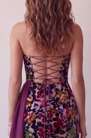 Load image into Gallery viewer, Burgundy Floral Tight Velvet Ruched Strapless Asymmetrical Cocktail Dress with Sash