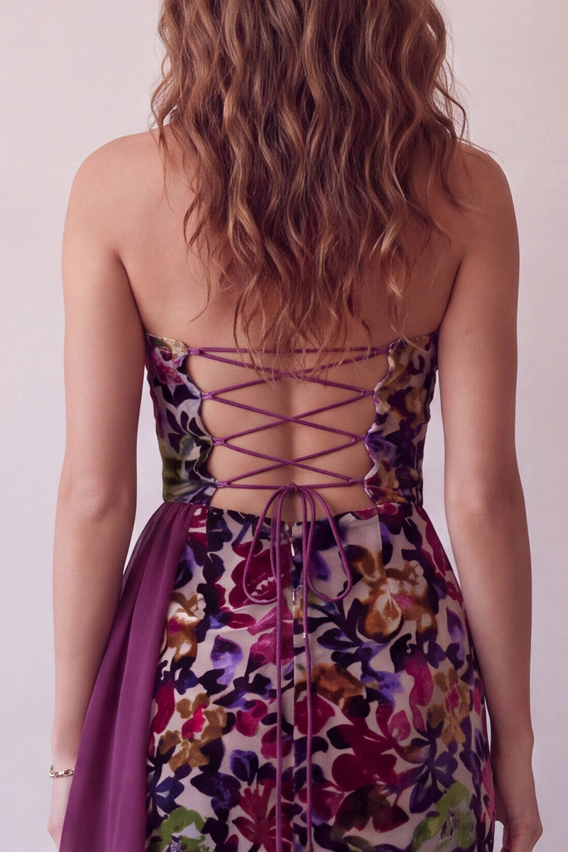 Load image into Gallery viewer, Burgundy Floral Tight Velvet Ruched Strapless Asymmetrical Cocktail Dress with Sash