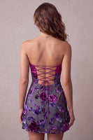Load image into Gallery viewer, Floral Fuchsia A Line Ruched Sweetheart Short Cocktail Dress