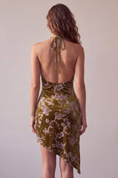Load image into Gallery viewer, Velvet Mustard Gold Floral Bodycon Halter Asymmetrical Cocktail Dress