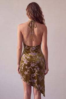Velvet Mustard Gold Floral Bodycon Halter Asymmetrical Cocktail Dress