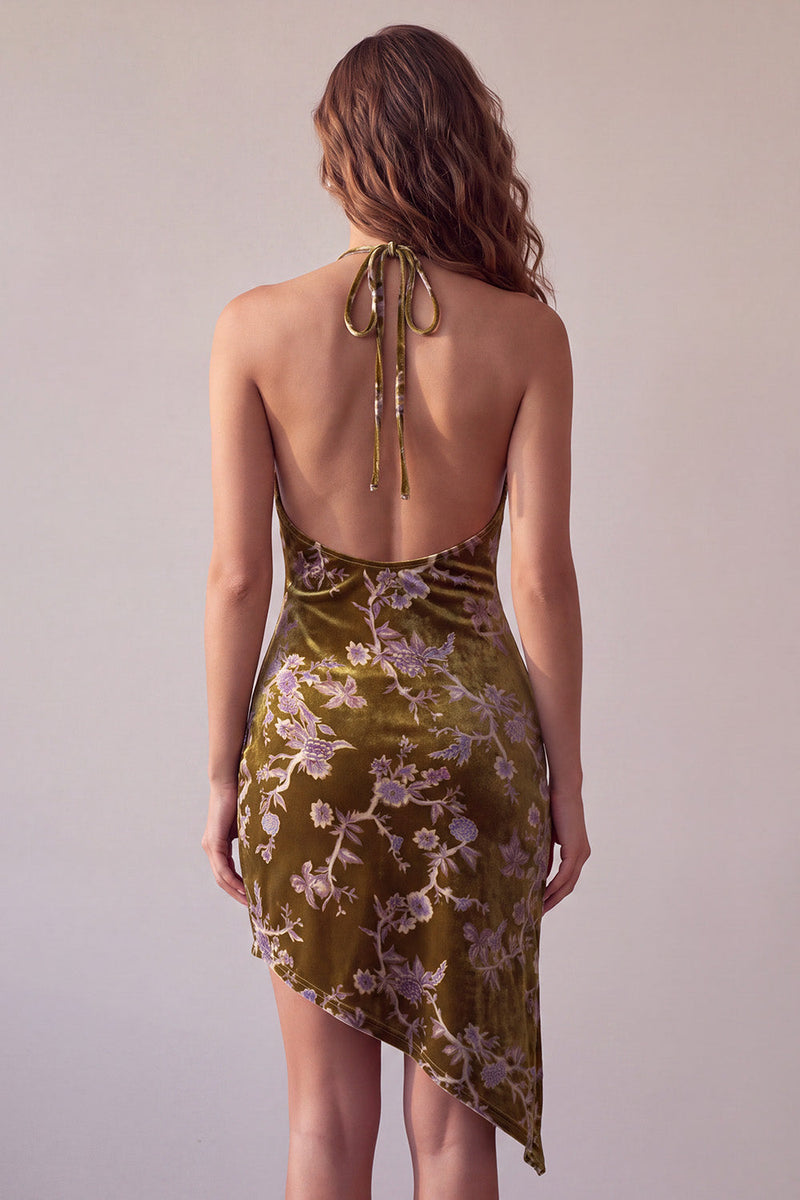 Load image into Gallery viewer, Velvet Mustard Gold Floral Bodycon Halter Asymmetrical Cocktail Dress