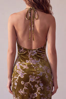 Load image into Gallery viewer, Velvet Mustard Gold Floral Bodycon Halter Asymmetrical Cocktail Dress