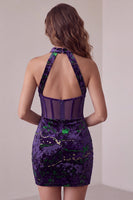 Load image into Gallery viewer, Dark Purple Tight Velvet Corset Halter Short Cocktail Dress