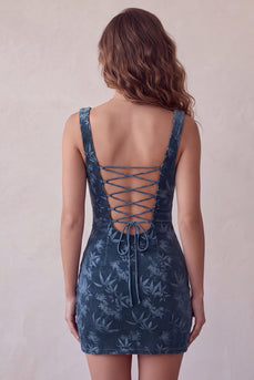 Bodycon Navy Floral Thick Straps Short Cocktail Dress