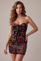 Load image into Gallery viewer, Velvet Burgundy Tight Floral Sweetheart Short Cocktail Dress