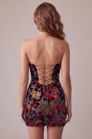 Load image into Gallery viewer, Velvet Burgundy Tight Floral Sweetheart Short Cocktail Dress