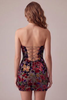 Velvet Burgundy Tight Floral Sweetheart Short Cocktail Dress