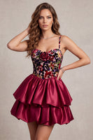 Load image into Gallery viewer, Corset Red A Line Tiered Short Bubble Cocktail Dress with 3D Flower