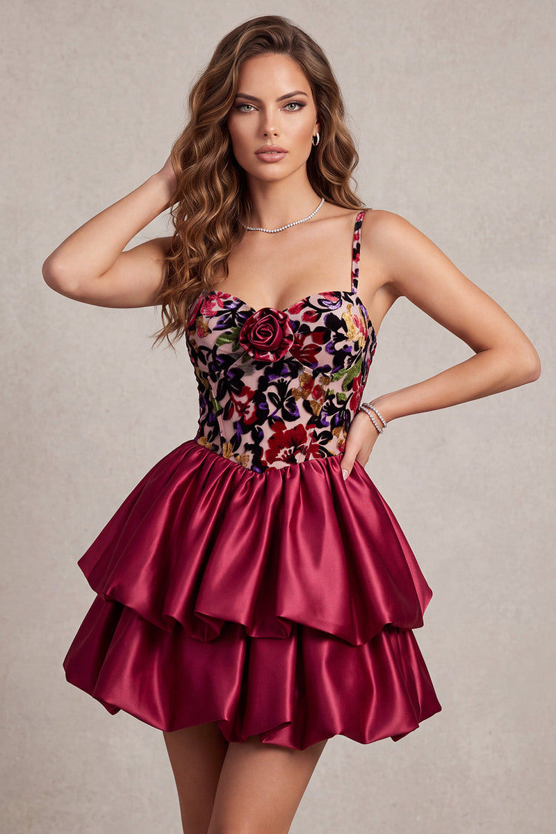 Load image into Gallery viewer, Corset Red A Line Tiered Short Bubble Cocktail Dress with 3D Flower