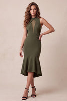 Load image into Gallery viewer, Olive Mermaid Ruffled High Neck Midi Cocktail Dress