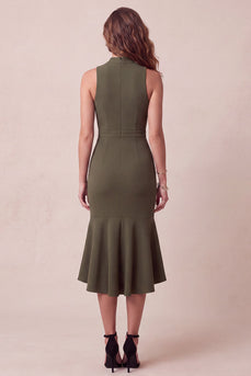 Olive Mermaid Ruffled High Neck Midi Cocktail Dress